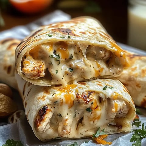 A cheesy, chicken-packed wrap resting on paper with herbs and nuts nearby. Some melted cheese peeks out of the edge.