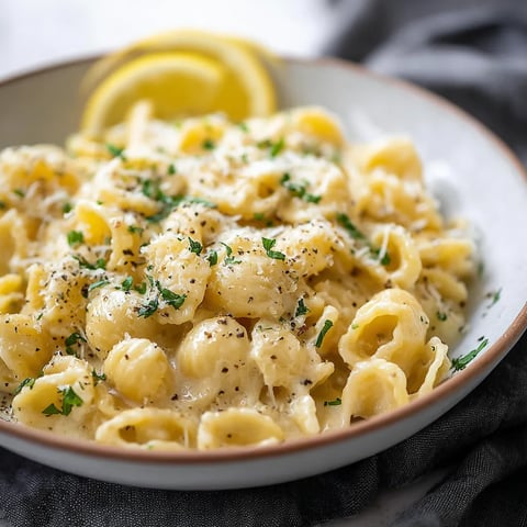 A bowl of macaroni and cheese with a lemon wedge on top.