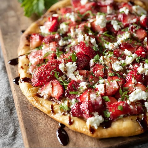 A pizza with strawberries and blue cheese.